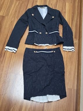 Rinascimento Navy Pinstripe Pencil Skirt with White Trim